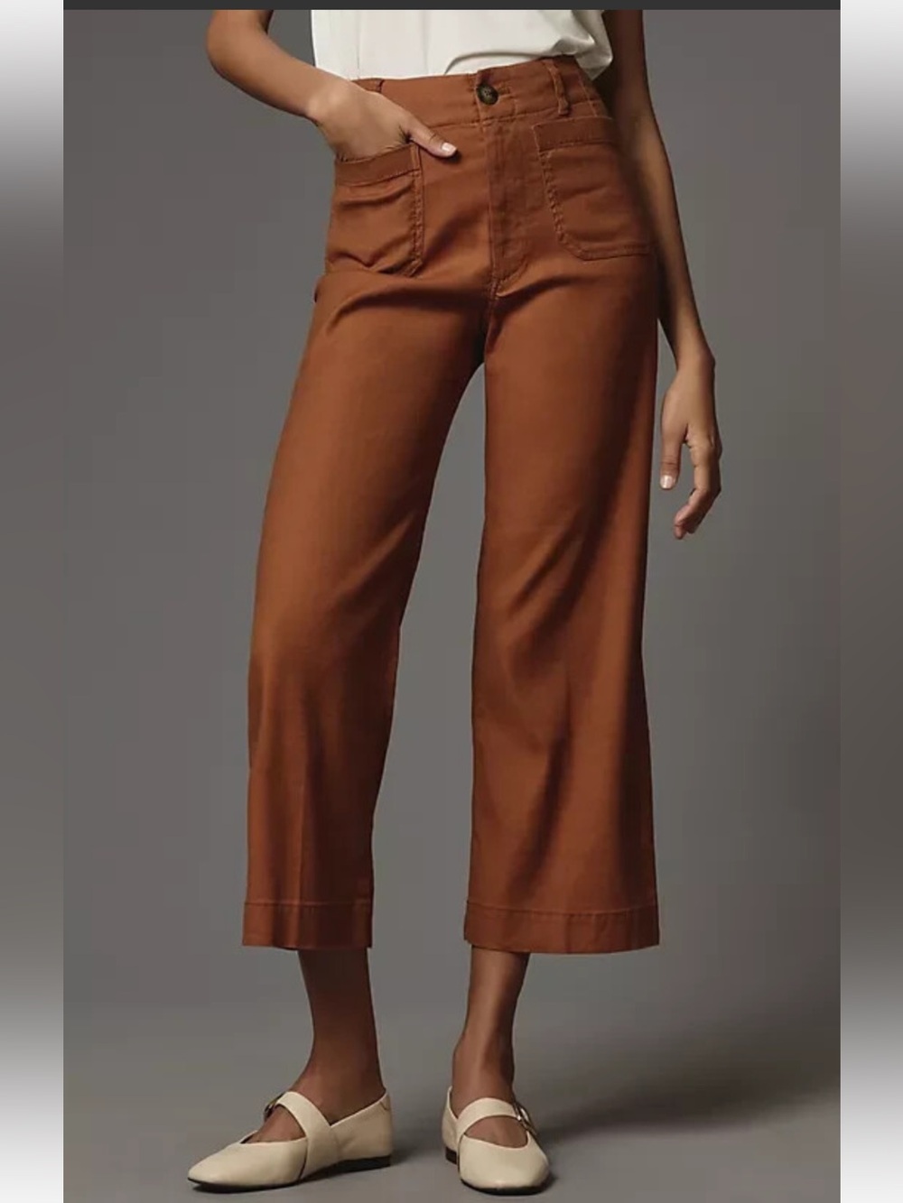 Maeve Colette Cropped Linen Blend Wide-Leg Pants in Rust Brown
